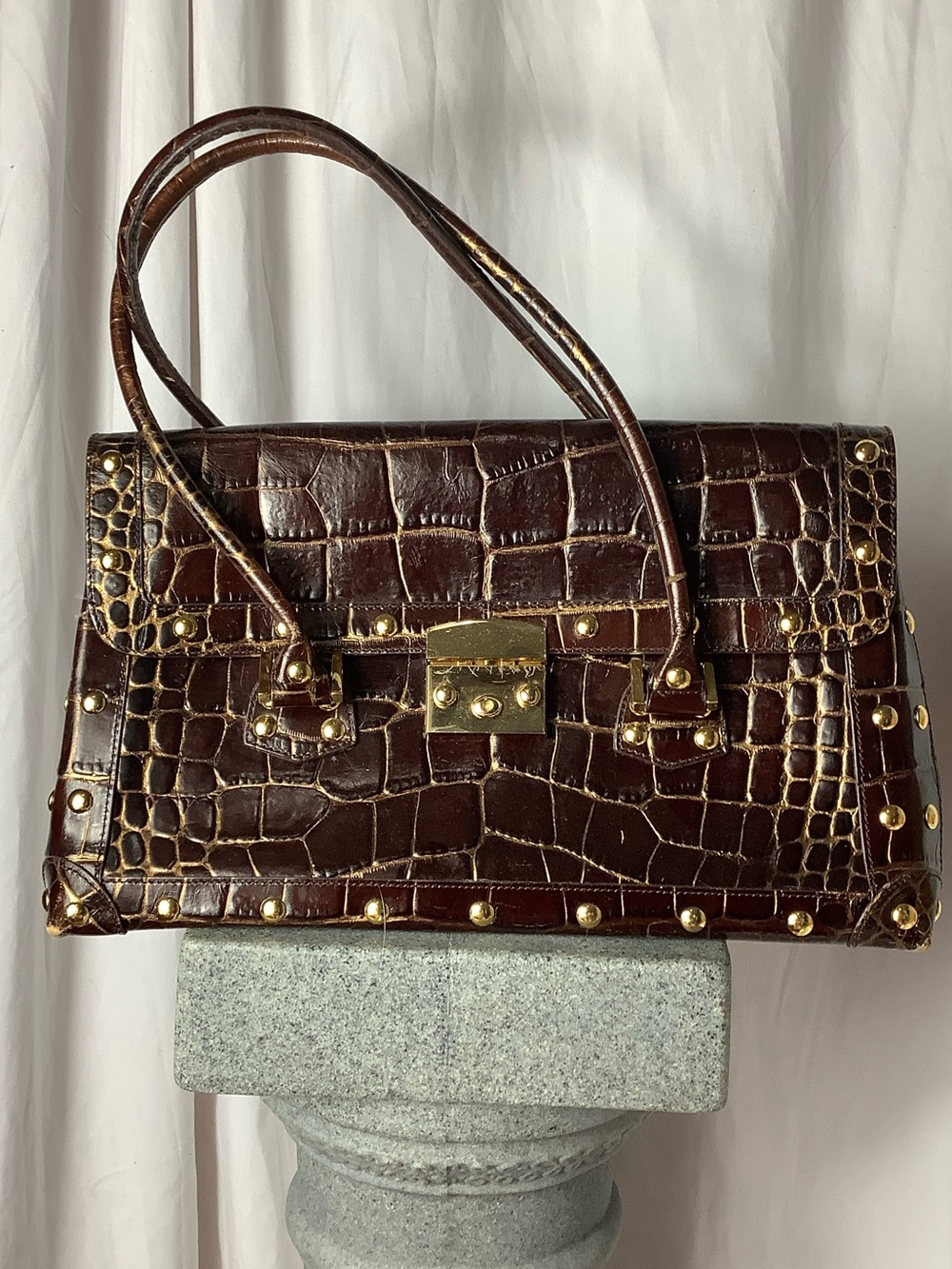 Nordstrom Croc-Embossed Dark Brown Satchel with Gold Hardware